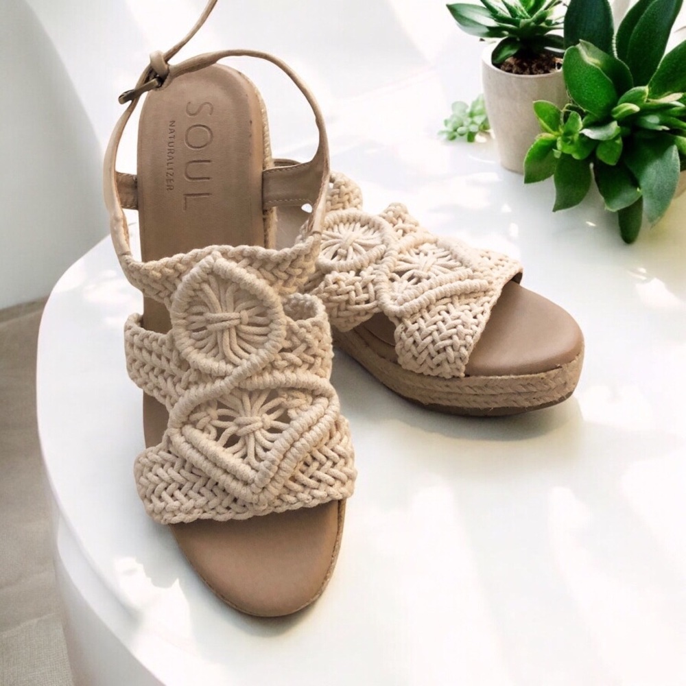 Soul Naturalizer Oasis Espadrille Wedge Macrame Sandals Cream Crochet Size 7